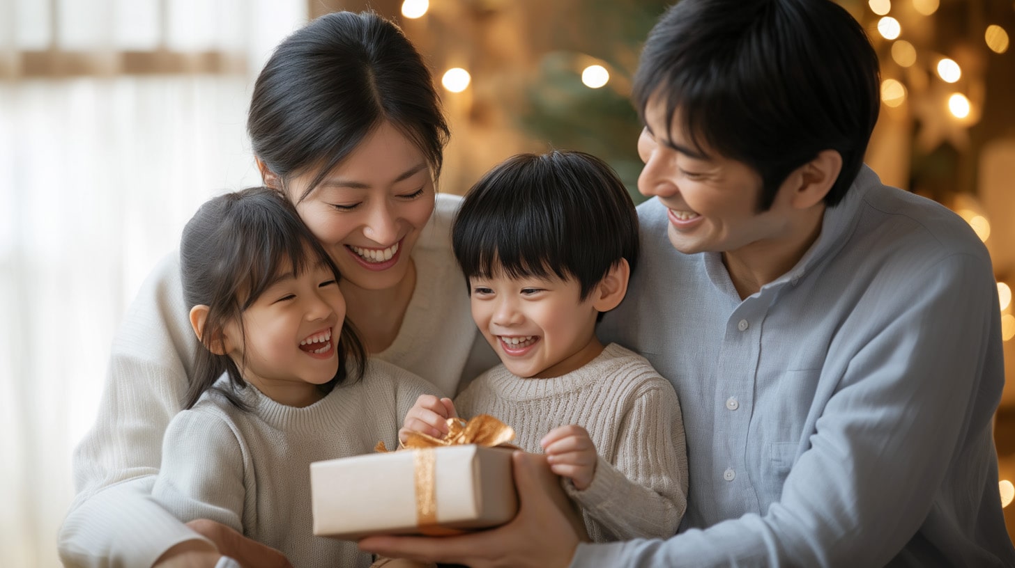 贈り物に喜ぶ家族