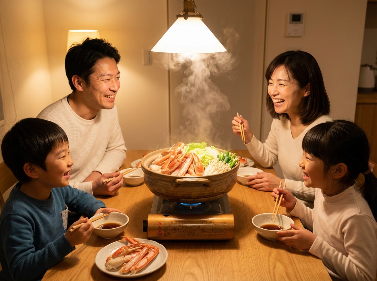 家族でカニ鍋を囲む写真