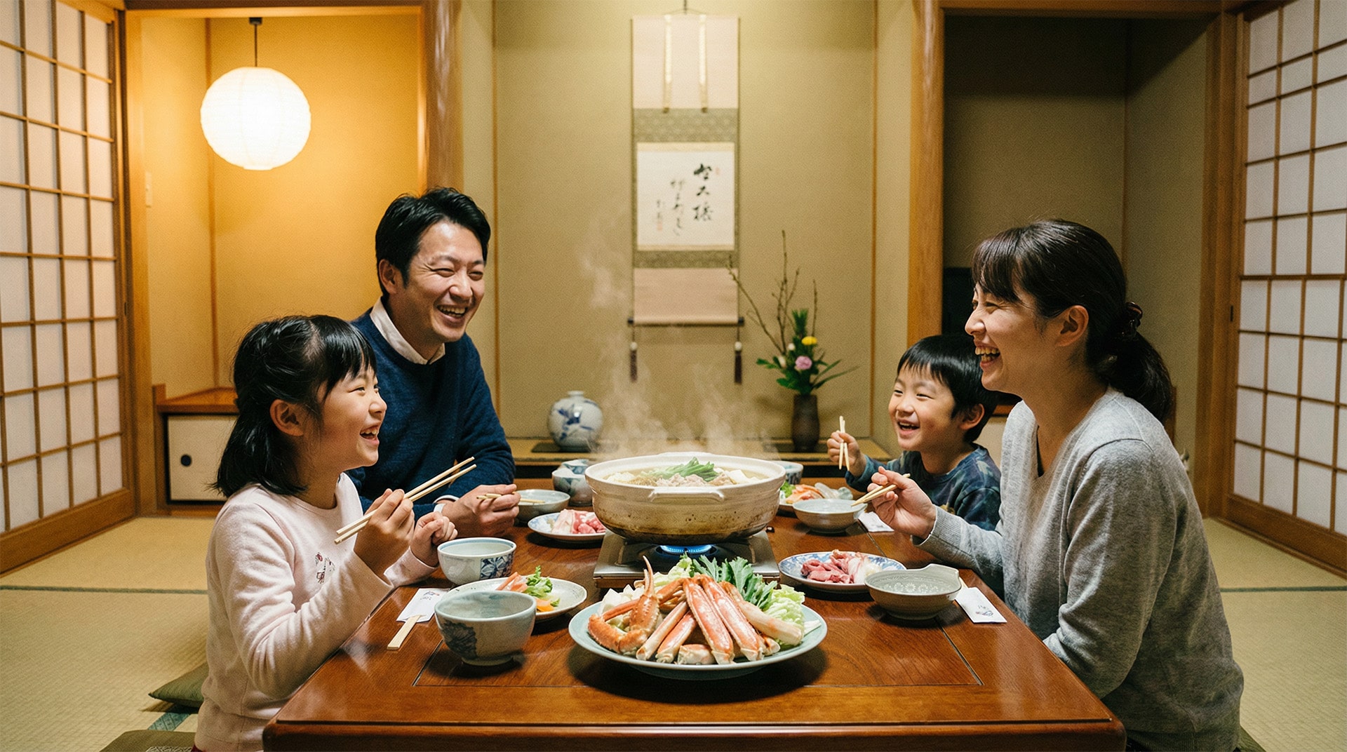 家族でカニ鍋を囲むシーン